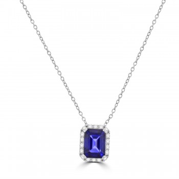 18ct White Gold Sapphire emerald cut Diamond Halo pendant chain 18ct White Gold Sapphire emerald cut Diamond Halo pendant chain