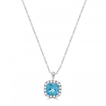18ct White Gold Blue Topaz Cushion Diamond Halo pendant chain