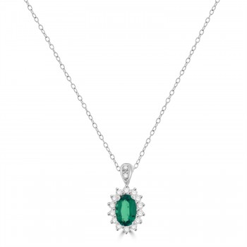 18ct White Gold Emerald and Diamond Oval cluster pendant chain