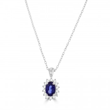 18ct White Gold Sapphire and Diamond Oval Cluster pendant chain