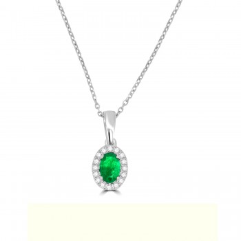 18ct White Gold Emerald and Diamond Halo pendant chain