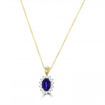 18ct Gold Sapphire and Diamond Oval cluster pendant chain 18ct Gold Sapphire and Diamond Oval cluster pendant chain