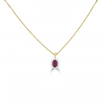 18ct Gold Ruby and Diamond oval cluster pendant chain