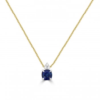 18ct Gold Cushion Sapphire Diamond Trefoil pendant chain