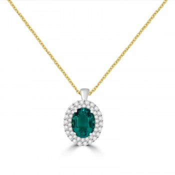 18ct Gold 1.85ct Emerald Diamond Cluster pendant chain