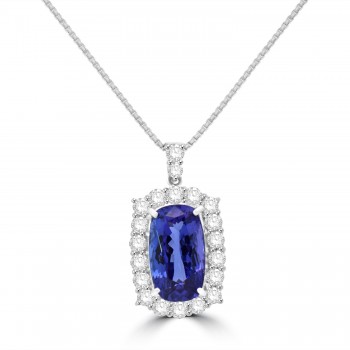 Platinum Long Cushion Tanzanite and Diamond pendant chain