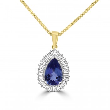 18ct Gold Pear Tanzanite and Diamond Baguette pendant