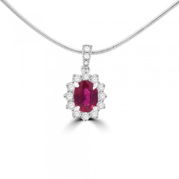 18ct White Gold Ruby and Diamond oval cluster pendant