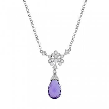 18ct White Gold Amethyst Dropper Diamond Pendant Chain