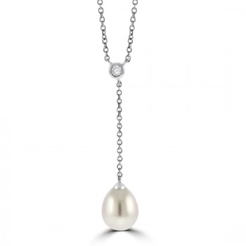 18ct White Gold Diamond & Cultured Pearl Drop Pendant