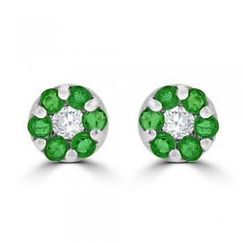 9ct White Gold Emerald & Diamond Daisy Cluster Stud Earrings