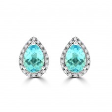 9ct White Gold Blue Topaz & Diamond Pear Halo Stud Earrings