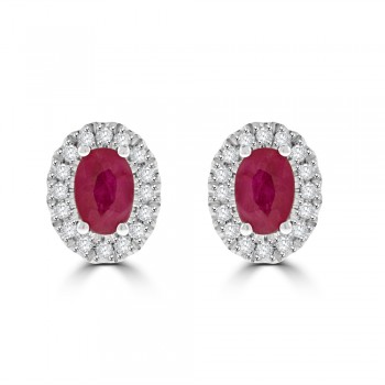 9ct Gold Ruby & Diamond Oval Cluster Stud Earrings
