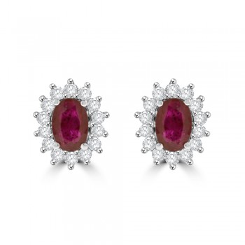 9ct White Gold Ruby & Diamond Oval Cluster Stud Earrings