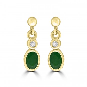 9ct Gold Emerald & Diamond Rubover Drop Earrings