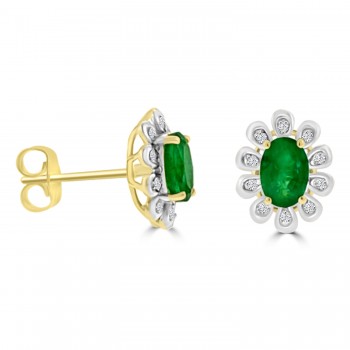 9ct Gold Emerald and Diamond Cluster Stud Earrings