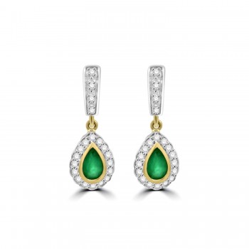 9ct Gold Emerald and Diamond Pear drop earrings