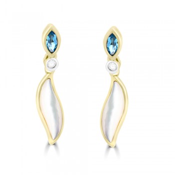 9ct Gold Blue Topaz, Diamond and Mother of Pearl Drop Earrings