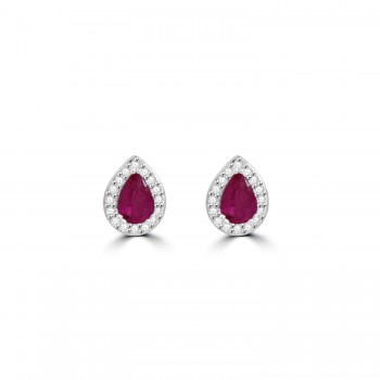 9ct Gold Ruby and Pear Diamond Halo stud earrings