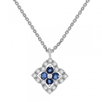 9ct White Gold Sapphire & Diamond Clover Pendant Chain
