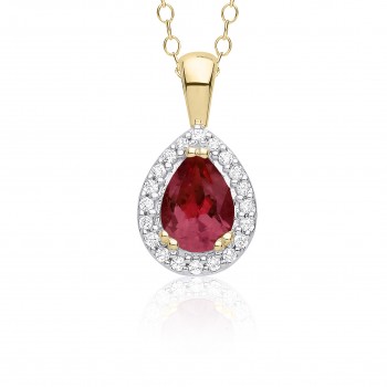 9ct Gold Ruby Pear Diamond Halo pendant