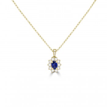 9ct Yellow Gold Sapphire and Diamond Oval Cluster Pendant