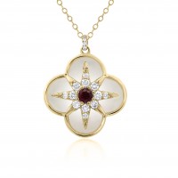 9ct Gold Ruby Diamond Mother of Pearl Clover pendant chain
