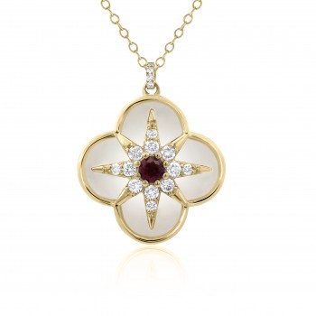 9ct Gold Ruby Diamond Mother of Pearl Clover pendant chain 9ct Gold Ruby Diamond Mother of Pearl Clover pendant chain