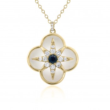 9ct Gold Sapphire Diamond Mother of Pearl clover pendant chain
