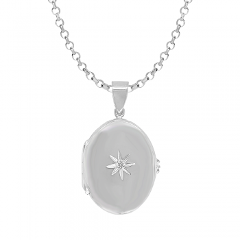 Sterling Silver Oval Star set Locket Pendant Chain