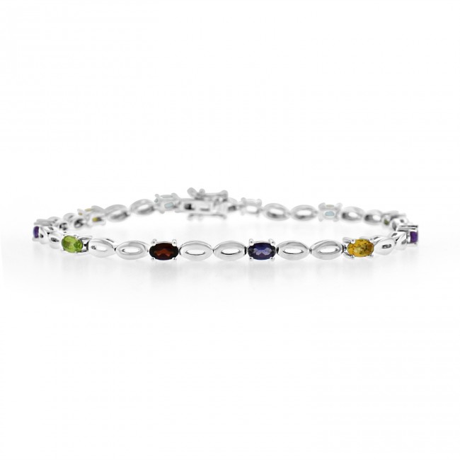 Square Design Silver Bracelet With Three Different Stones - Platear