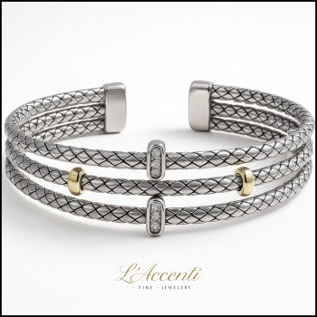 Sterling silver 18ct Gold Diamond Triple Strand Cuff Bangle