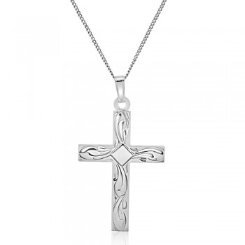 9ct White Gold Engraved Cross Pendant