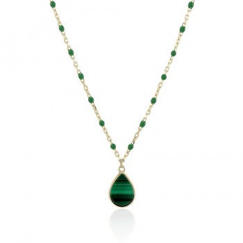 9ct Gold Malachite Pear Pendant Beaded Chain