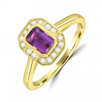 9ct Gold Emerald cut Amethyst Diamond Halo ring