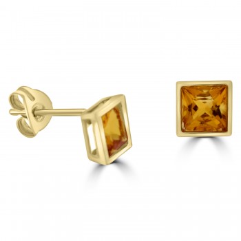 9ct Gold Princess cut Citrine Rubover stud earrings