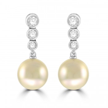 18ct White Gold Diamond Cultured Pearl Drop Earrings