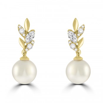 18ct Gold Akoya Pearl and Diamond Petal Drop Earrings