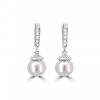 9ct White Gold Freshwater Pearl and Diamond drop earrings