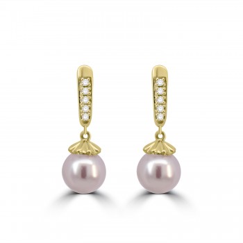 9ct Gold Pave Diamond Cultured Pearl drop earrings