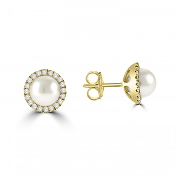9ct Gold Freshwater Pearl and Diamond Halo Stud Earrings