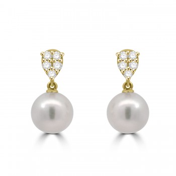 18ct Gold Pave Diamond Pearl Dropper earrings