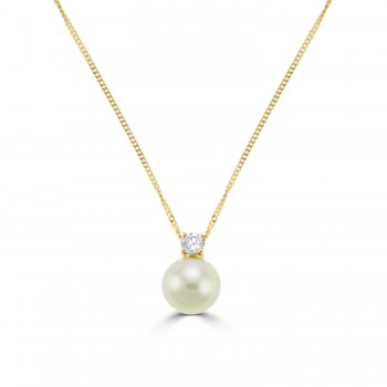18ct Gold Akoya Pearl and Solitaire Diamond pendant chain