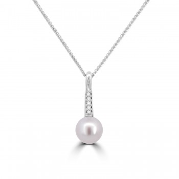 14ct White Gold Cultured Pearl and Diamond Bar Pendant chain