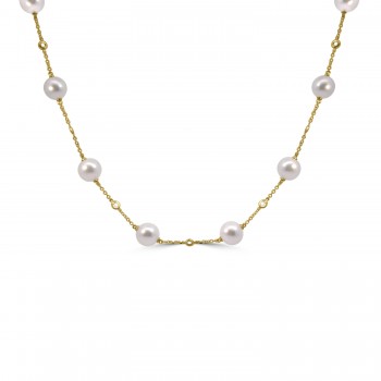 18ct Gold Akoya Pearl and Diamond station necklet